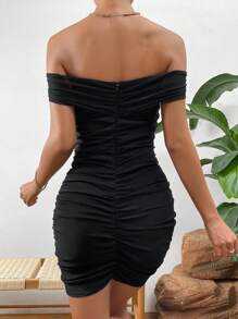 Aveloria Rosie Off Shoulder Ruched Bodycon Dress Christmas Holiday Party Dress  - Black - View 2