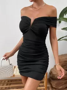 Aveloria Rosie Off Shoulder Ruched Bodycon Dress Christmas Holiday Party Dress  - Black - View 4