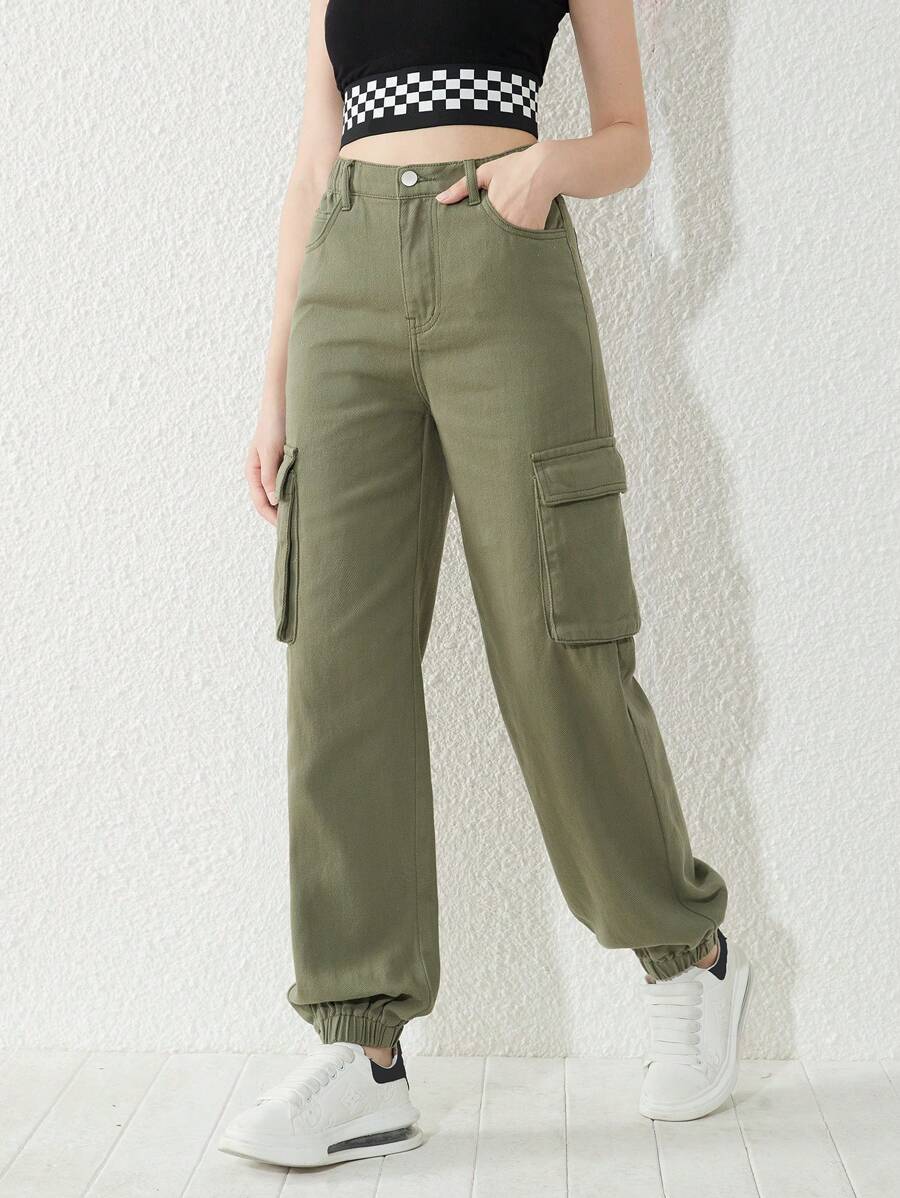 SHEIN Explorewe Teen Girls Flap Pocket Cargo Jeans - Army Green - View 1