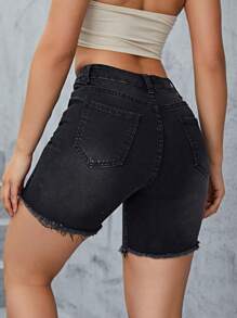 Flexra Ripped Raw Hem Denim Shorts - Black - View 2