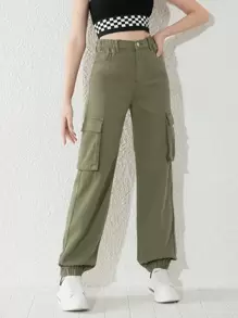 SHEIN Explorewe Teen Girls Flap Pocket Cargo Jeans - Army Green - View 3