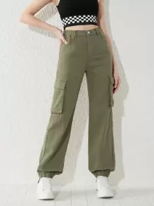 SHEIN Explorewe Teen Girls Flap Pocket Cargo Jeans - Army Green - View 5
