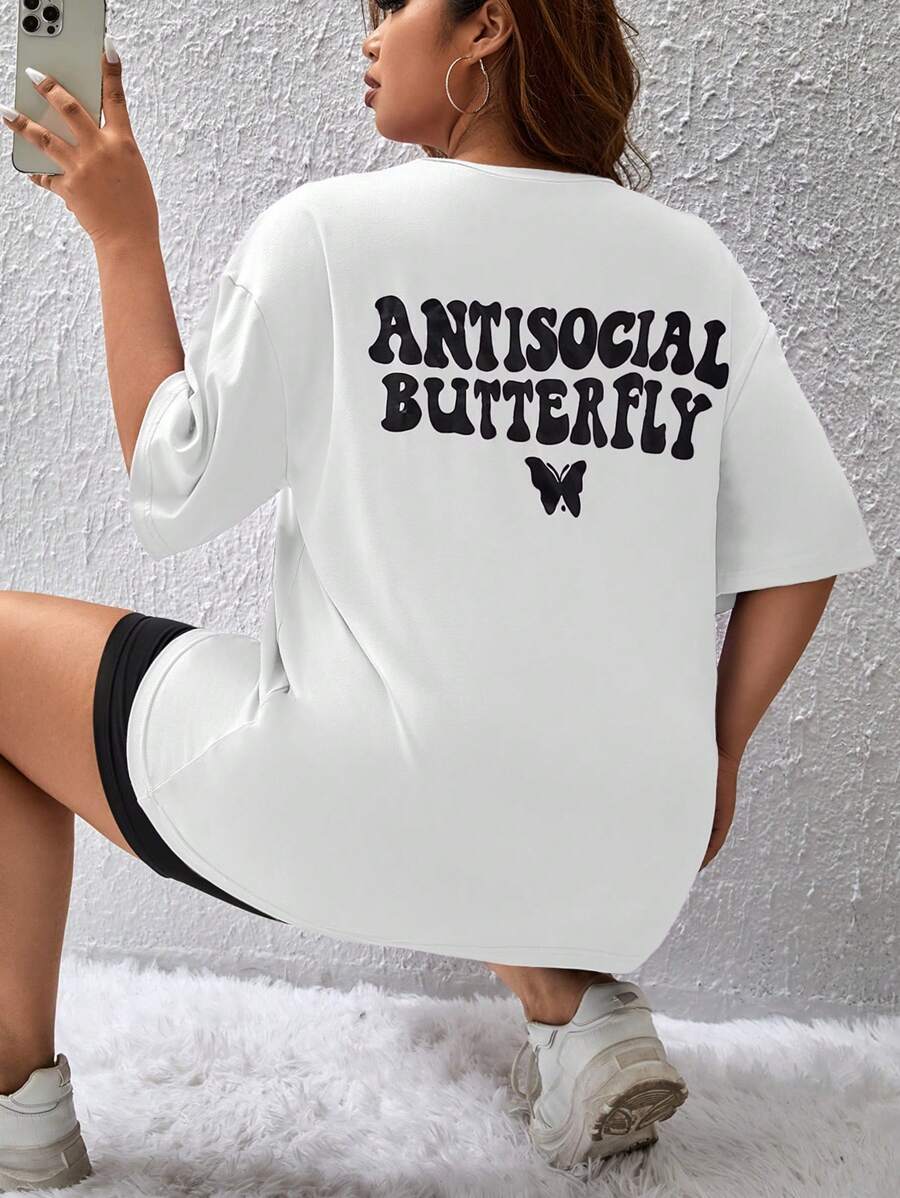 SHEIN EZwear Plus Butterfly & Letter Graphic Drop Shoulder Tee - White - View 1
