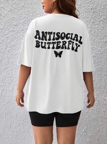 SHEIN EZwear Plus Butterfly & Letter Graphic Drop Shoulder Tee - White - View 2