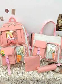 4pcs Bag Set Student Backpack Women Multi-Pocket Canvas Large Capacity Multifunctional School Bag Set For Graduate, Teen Girls, Freshman, Sophomore, Junior & Senior In College, University & High School, Perfect For Outdoors ,Travel & Back To School - Pink - View 1