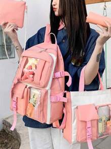 4pcs Bag Set Student Backpack Women Multi-Pocket Canvas Large Capacity Multifunctional School Bag Set For Graduate, Teen Girls, Freshman, Sophomore, Junior & Senior In College, University & High School, Perfect For Outdoors ,Travel & Back To School - Pink - View 2