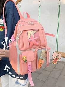 4pcs Bag Set Student Backpack Women Multi-Pocket Canvas Large Capacity Multifunctional School Bag Set For Graduate, Teen Girls, Freshman, Sophomore, Junior & Senior In College, University & High School, Perfect For Outdoors ,Travel & Back To School - Pink - View 3