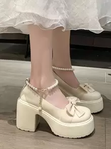 ROMWE Kawaii 女士人造珍珠和蝴蝶結裝飾踝帶學院厚底鞋 - 米色 - 查看 4