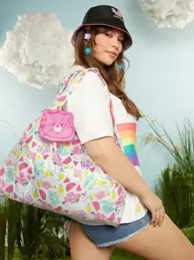 SHEIN X Care Bears 1pc Watermelon & Cheer Bear Pattern Shopper Bag School Bag, Large Capacity, Portable,Classic Casual, Suitable For Women & College Students, Perfect For Back To School,First Day Of School,Middle School, High School,Shopping,Holiday,Gifts - Multicolor - View 1