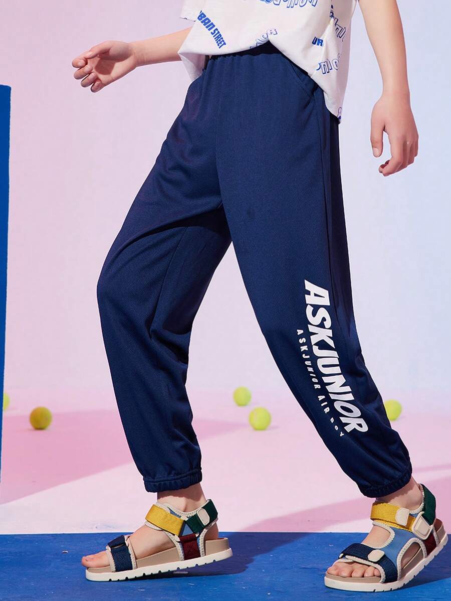 Boys Letter Graphic Trousers - Navy Blue - View 1