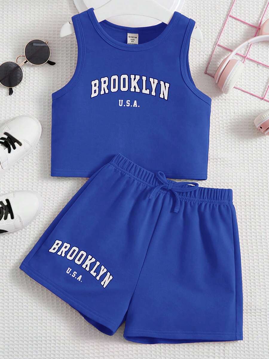 SHEIN 女孩字母圖案背心上衣和短褲 - 寶藍色 - 查看 1