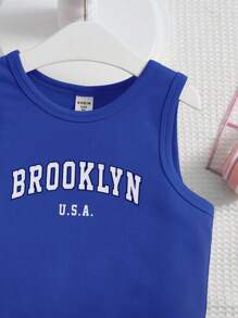 SHEIN 女孩字母圖案背心上衣和短褲 - 寶藍色 - 查看 3