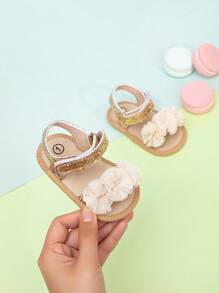 婴儿花朵亮片装饰踝带凉鞋，公主户外布艺凉鞋 - 金色 - 查看 1
