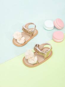 婴儿花朵亮片装饰踝带凉鞋，公主户外布艺凉鞋 - 金色 - 查看 2
