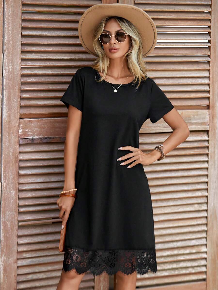 SHEIN Clasi Đầm Tương phản ren màu trơn Giải trí - màu đen - Xem 1