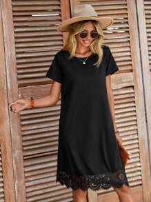 SHEIN Clasi Đầm Tương phản ren màu trơn Giải trí - màu đen - Xem 3