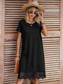SHEIN Clasi Đầm Tương phản ren màu trơn Giải trí - màu đen - Xem 4