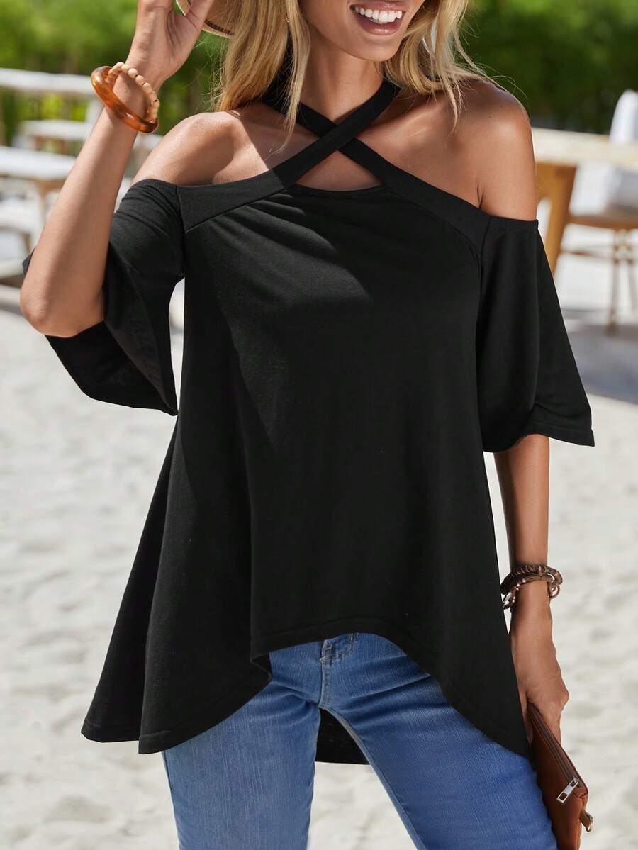 SHEIN LUNE Áo thun nữ Cắt ra Hội Chữ thập Cao thấp màu trơn Giải trí - màu đen - Xem 1