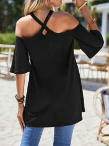 SHEIN LUNE Áo thun nữ Cắt ra Hội Chữ thập Cao thấp màu trơn Giải trí - màu đen - Xem 2