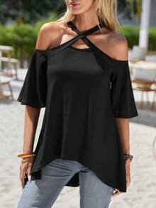 SHEIN LUNE Áo thun nữ Cắt ra Hội Chữ thập Cao thấp màu trơn Giải trí - màu đen - Xem 3