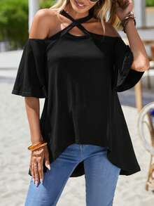 SHEIN LUNE Áo thun nữ Cắt ra Hội Chữ thập Cao thấp màu trơn Giải trí - màu đen - Xem 5