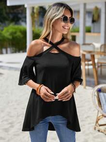 SHEIN LUNE Áo thun nữ Cắt ra Hội Chữ thập Cao thấp màu trơn Giải trí - màu đen - Xem 7