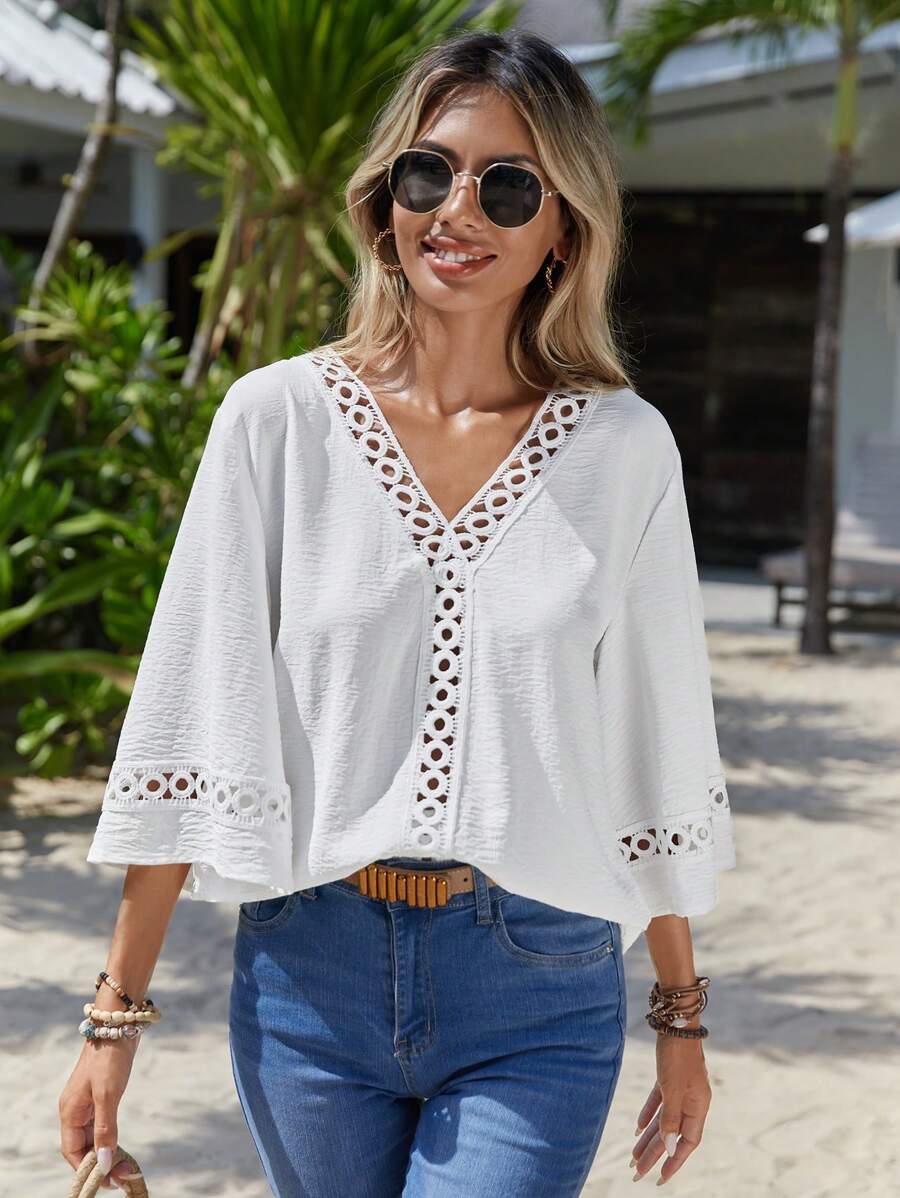 SHEIN VCAY 水溶蕾絲拼接喇叭袖襯衫 - 白色 - 查看 1