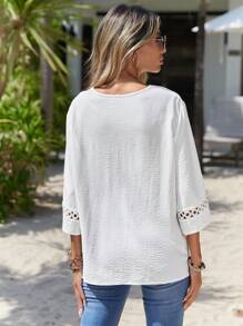 SHEIN VCAY 水溶蕾絲拼接喇叭袖襯衫 - 白色 - 查看 2