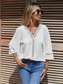 SHEIN VCAY 水溶蕾絲拼接喇叭袖襯衫 - 白色 - 查看 3