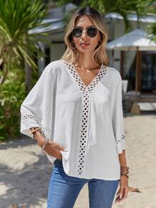 SHEIN VCAY 水溶蕾絲拼接喇叭袖襯衫 - 白色 - 查看 4