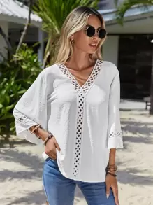 SHEIN VCAY 水溶蕾絲拼接喇叭袖襯衫 - 白色 - 查看 5