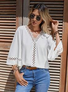 SHEIN VCAY 水溶蕾絲拼接喇叭袖襯衫 - 白色 - 查看 6