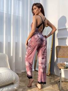 Floral Print Contrast Lace Cami Jumpsuit - Dusty Pink - View 2