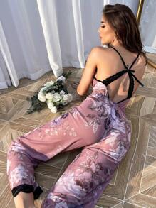 Floral Print Contrast Lace Cami Jumpsuit - Dusty Pink - View 3