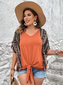 SHEIN LUNE Plus Geo Print Batwing Sleeve Knot Hem Tee - Orange - View 1