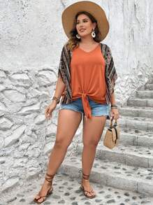 SHEIN LUNE Plus Geo Print Batwing Sleeve Knot Hem Tee - Orange - View 3