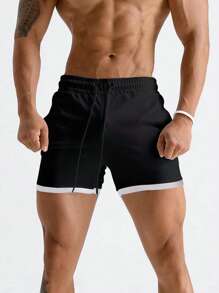 GymBeat 男友风男士撞色滚边抽绳腰带二合一运动短裤健身短裤慢跑短裤运动裤黑色短裤 - 黑色 - 查看 1