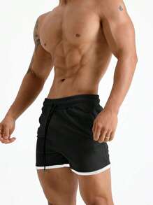 GymBeat 男友风男士撞色滚边抽绳腰带二合一运动短裤健身短裤慢跑短裤运动裤黑色短裤 - 黑色 - 查看 4