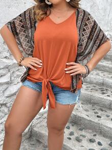 SHEIN LUNE Plus Geo Print Batwing Sleeve Knot Hem Tee - Orange - View 6