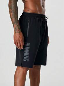 Manfinity Fitness Men Letter Graphic Drawstring Waist Zip Pocket Side Sports Shorts Gym Shorts Sweat Pants Black Shorts - Black - View 1