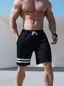 Manfinity Running Shorts deportivos estilo novio para hombres, con rayas y cordón en la cintura para el gimnasio - Negro - Ver 3