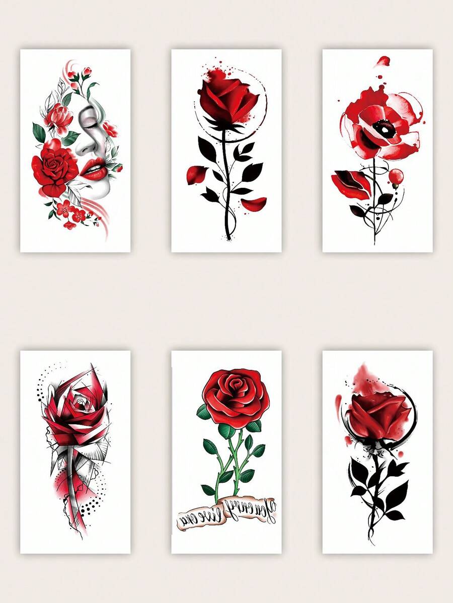 1set Of 6pcs Rose Pattern Temporary Tattoo Stickers - Multicolor - View 1