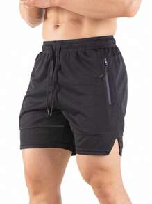 Hombres Shorts deportivos con bolsillo con cremallera bajo con abertura de cintura con cordón - Negro - Ver 1