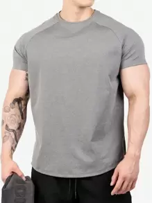 GymBeat Boyfriend Style Men Solid Raglan Sleeve Sports Tee Workout Tops Basic T Shirt Compression Shirt - Grey - View 3