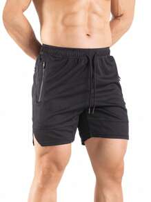 Hombres Shorts deportivos con bolsillo con cremallera bajo con abertura de cintura con cordón - Negro - Ver 4