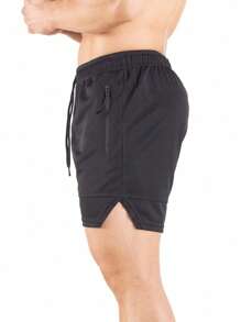 Hombres Shorts deportivos con bolsillo con cremallera bajo con abertura de cintura con cordón - Negro - Ver 5