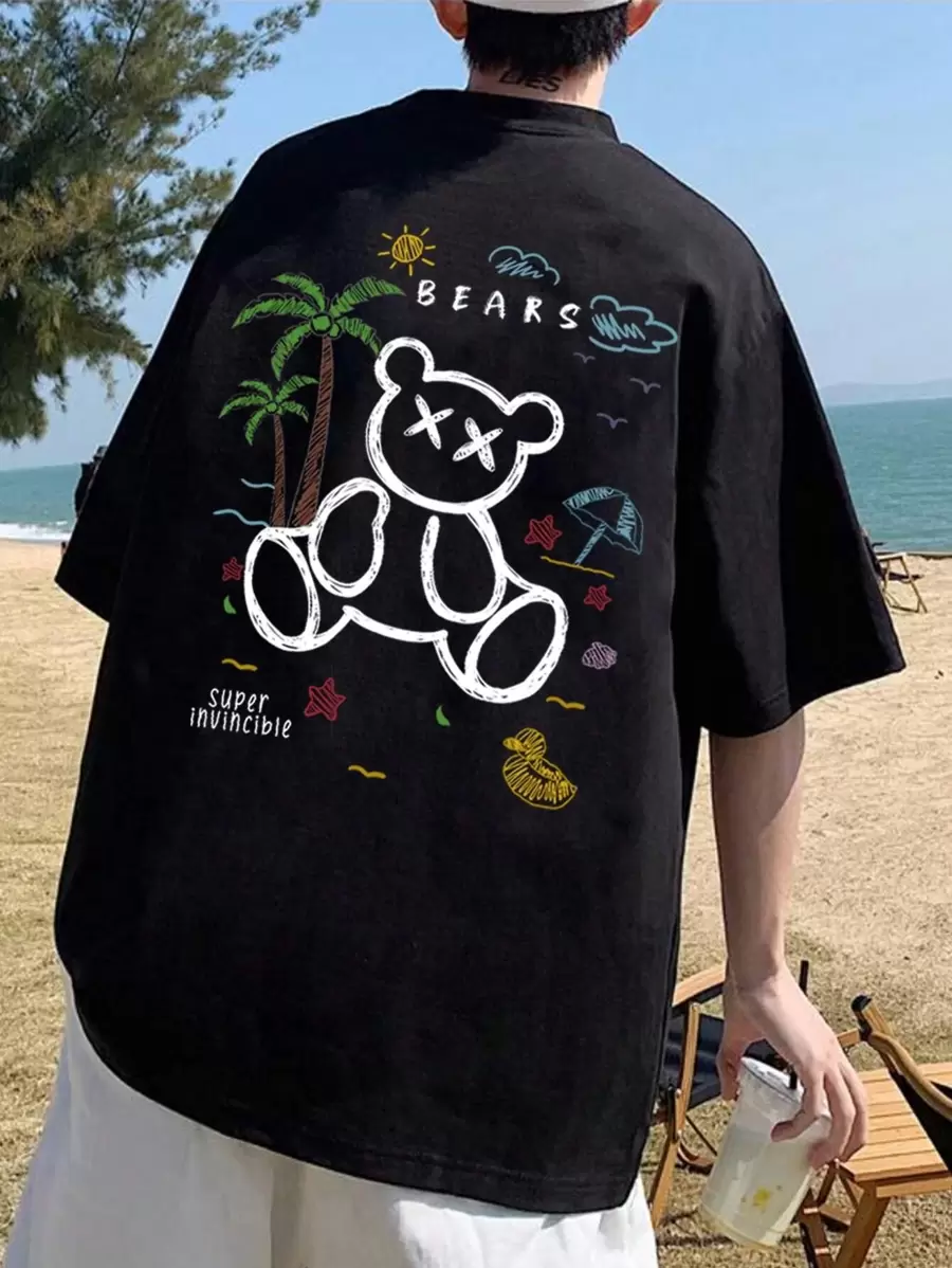 Claim Dot Men Cartoon Bear & Letter Graphic Oversized Tee For Summer - Black - View 1