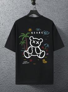 Claim Dot Men Cartoon Bear & Letter Graphic Oversized Tee For Summer - Black - View 2