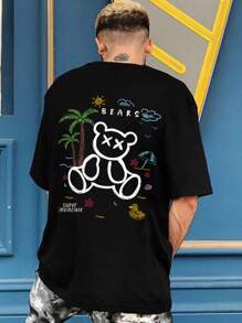Claim Dot Men Cartoon Bear & Letter Graphic Oversized Tee For Summer - Black - View 6