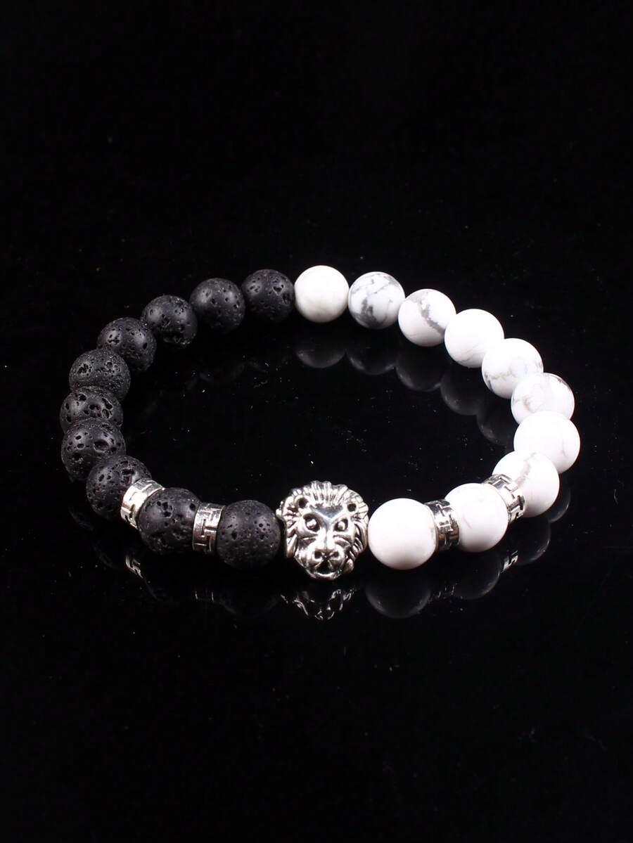 1 Đầu Sư Tử Bohemian & Đá Trang Trí Vòng Tay Đính Hạt Cho Nam Trang Trí Hàng Ngày - Đen và trắng - Xem 1